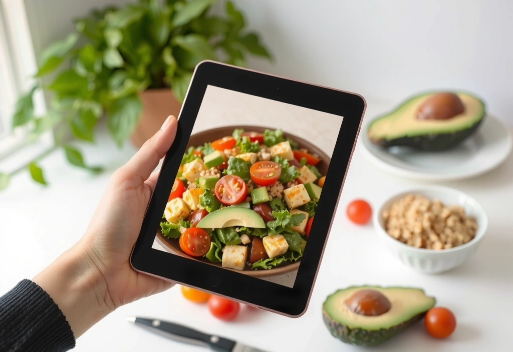 Mână care ține o tabletă cu o rețetă sănătoasă