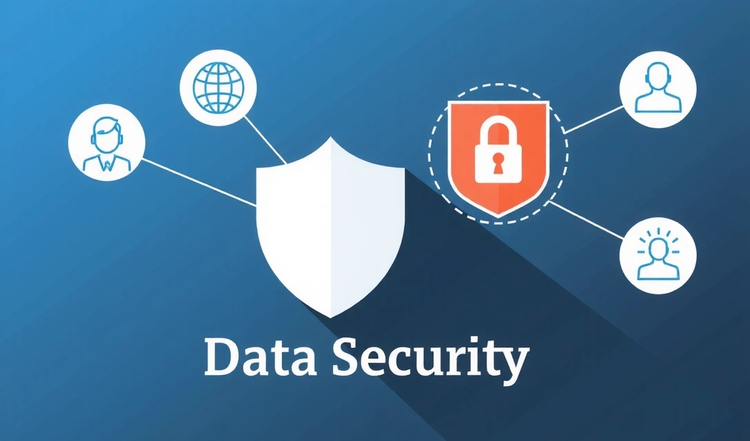 Ilustrație cu simboluri de securitate și confidențialitate datelor, reprezentând protejarea informațiilor personale