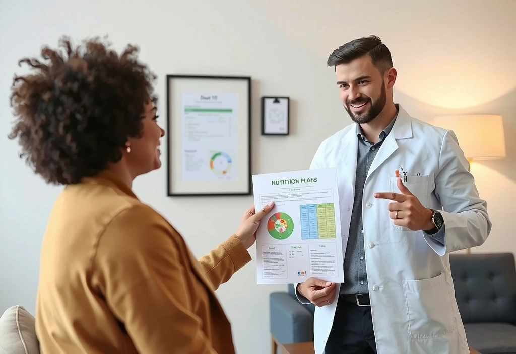 Nutriționist care explică un plan de dietă unui client